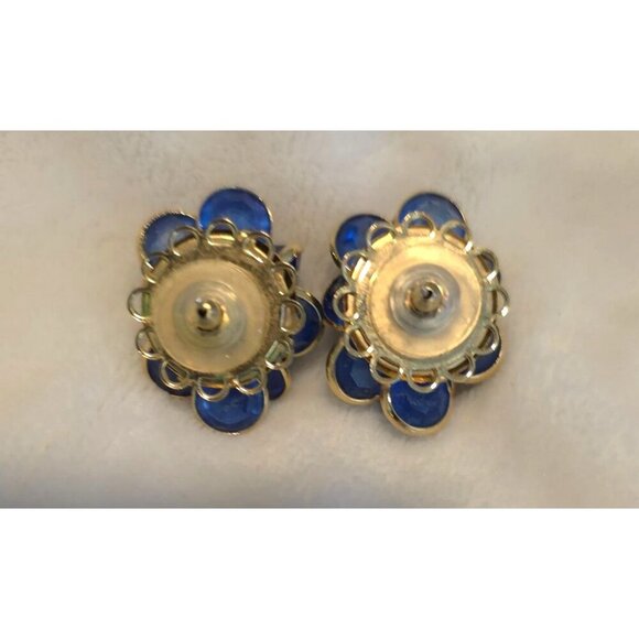 Vintage Pierced Earrings Gold-Tone Blue Glass/Crystal Bezel Set Floral Design - Picture 4 of 5